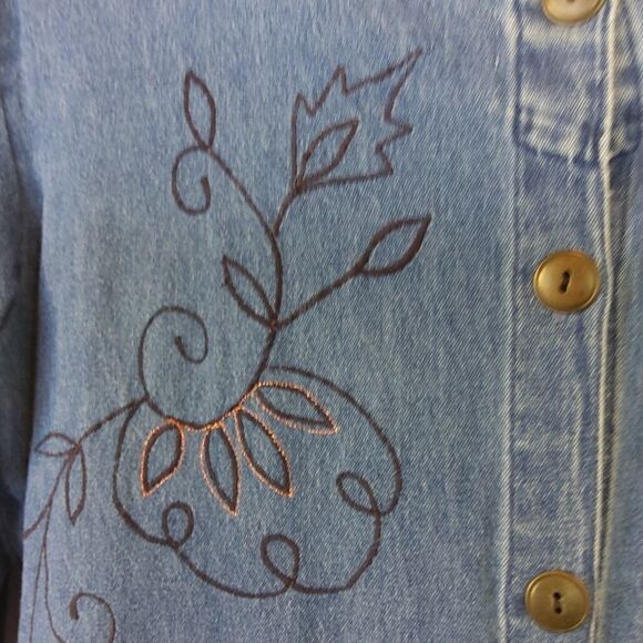 MSAS blue denim long sleeve button front embroidery and laser cutouts duster - Picture 6 of 16